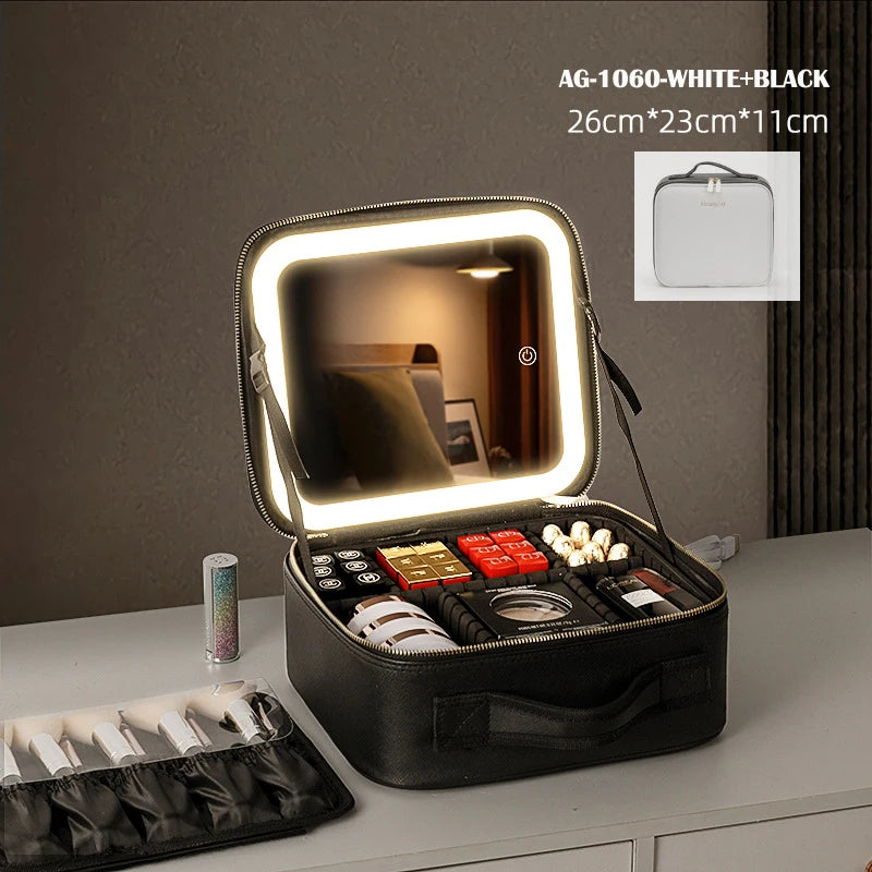 Portable Cosmetic Travel Storage Case with 2000mAh LED Rechargeable Mirror and Makeup Organizer