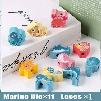 Montessori-Inspired Wooden Lacing Toy Set for Children - Includes Cartoon Animal, Fruit, Letter, and Number Beads for Creative Threading Activities