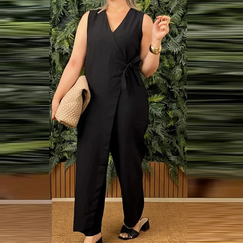 Women's Elegant V-Neck Cross Strap Jumpsuit - Casual Loose Romper with Lace-Up Sleeveless Design for Office and Streetwear