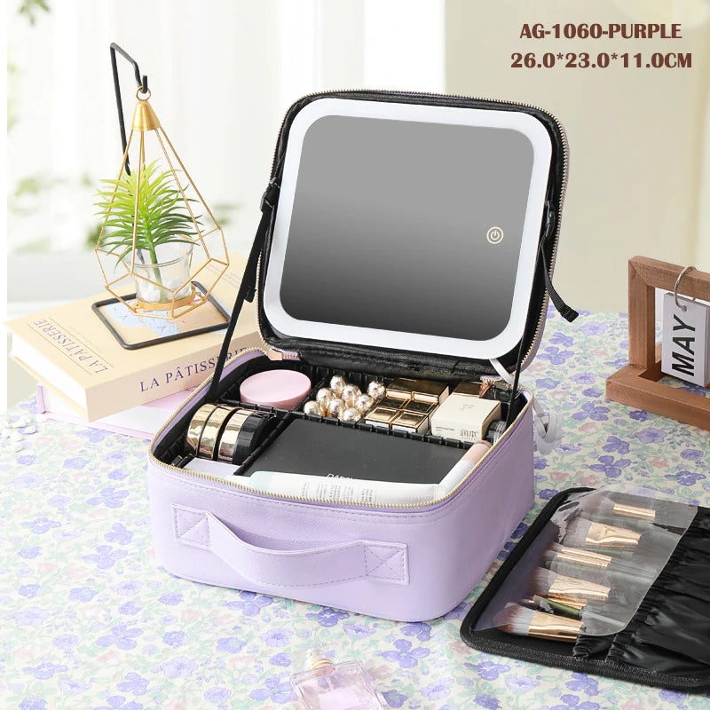 Portable Cosmetic Travel Storage Case with 2000mAh LED Rechargeable Mirror and Makeup Organizer