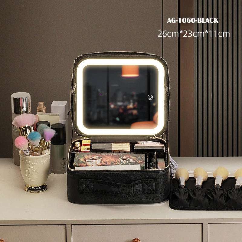 Portable Cosmetic Travel Storage Case with 2000mAh LED Rechargeable Mirror and Makeup Organizer