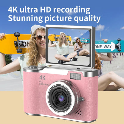 4K CCD Digital Camera - 48MP Compact Photography Camera with 180° Flip Screen for Students and Beginners