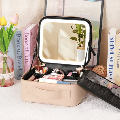 Portable Cosmetic Travel Storage Case with 2000mAh LED Rechargeable Mirror and Makeup Organizer