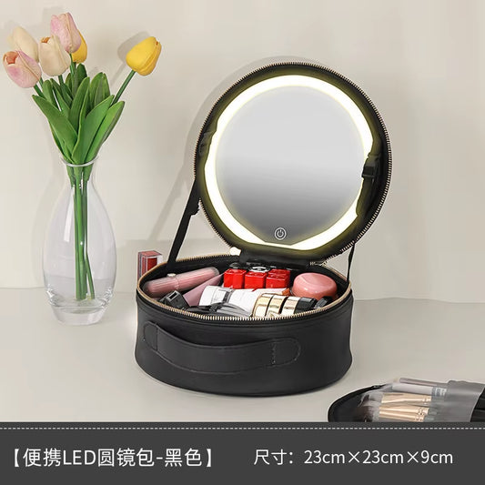 Portable Cosmetic Travel Storage Case with 2000mAh LED Rechargeable Mirror and Makeup Organizer