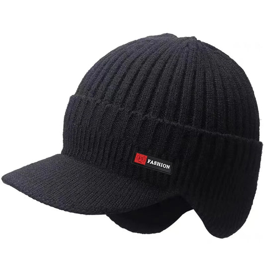 Men's Winter Outdoor Hat with Ear Protection - Warm Thick Knitted Cap, Scarf, and Windproof Visor for Cycling