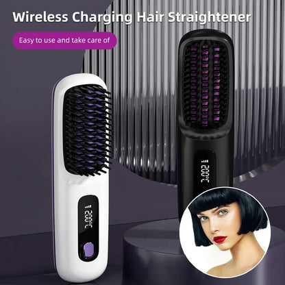 Cordless USB Rechargeable Hair Straightener Brush with Negative Ion Technology for Styling and Detangling