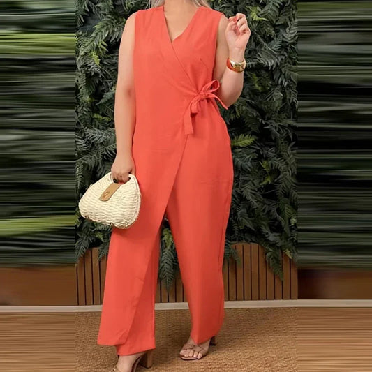 Women's Elegant V-Neck Cross Strap Jumpsuit - Casual Loose Romper with Lace-Up Sleeveless Design for Office and Streetwear