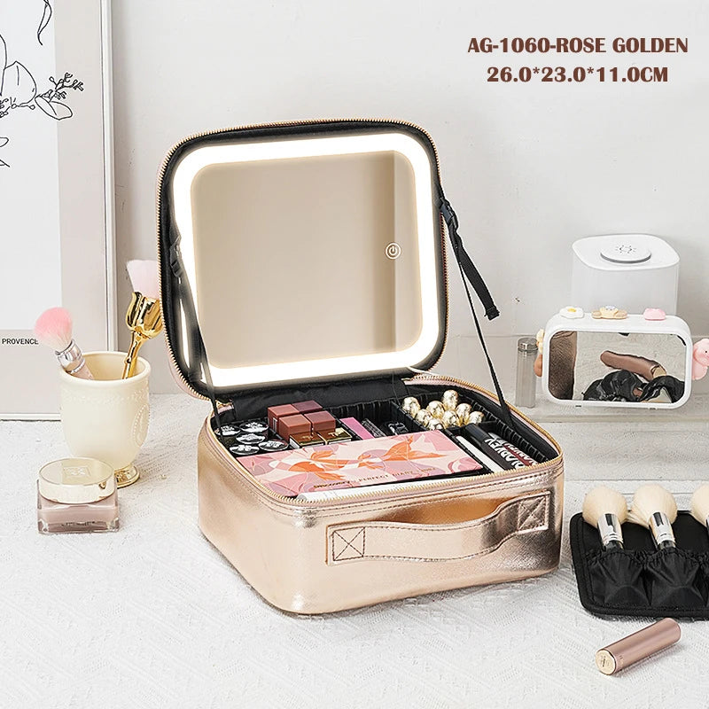 Portable Cosmetic Travel Storage Case with 2000mAh LED Rechargeable Mirror and Makeup Organizer