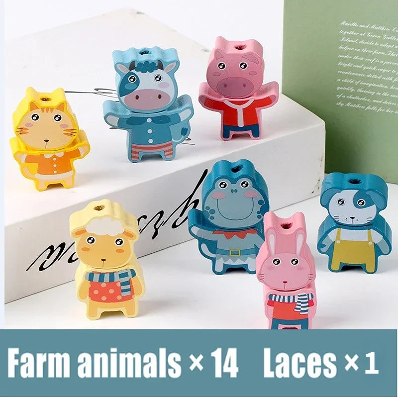 Montessori-Inspired Wooden Lacing Toy Set for Children - Includes Cartoon Animal, Fruit, Letter, and Number Beads for Creative Threading Activities