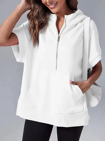Women's Casual High Street Hooded Sweatshirt with Zipper and Pockets - Short Sleeve Solid Design