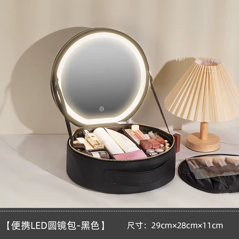 Portable Cosmetic Travel Storage Case with 2000mAh LED Rechargeable Mirror and Makeup Organizer