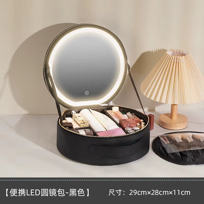 Portable Cosmetic Travel Storage Case with 2000mAh LED Rechargeable Mirror and Makeup Organizer