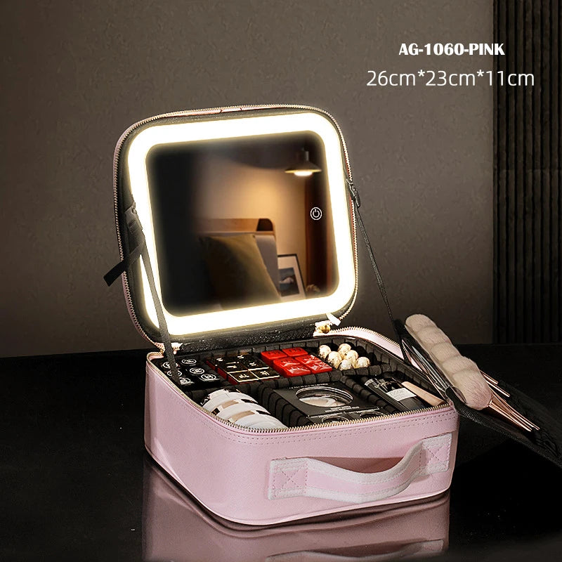Portable Cosmetic Travel Storage Case with 2000mAh LED Rechargeable Mirror and Makeup Organizer