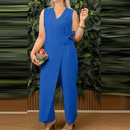 Women's Elegant V-Neck Cross Strap Jumpsuit - Casual Loose Romper with Lace-Up Sleeveless Design for Office and Streetwear