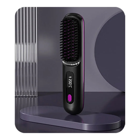 Cordless USB Rechargeable Hair Straightener Brush with Negative Ion Technology for Styling and Detangling
