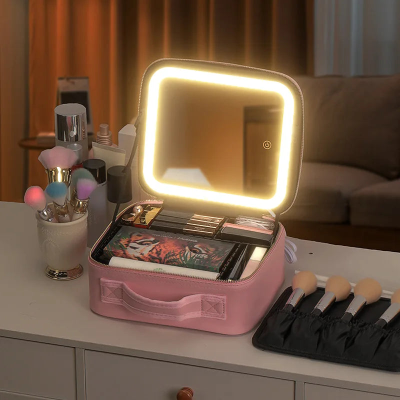 Portable Cosmetic Travel Storage Case with 2000mAh LED Rechargeable Mirror and Makeup Organizer