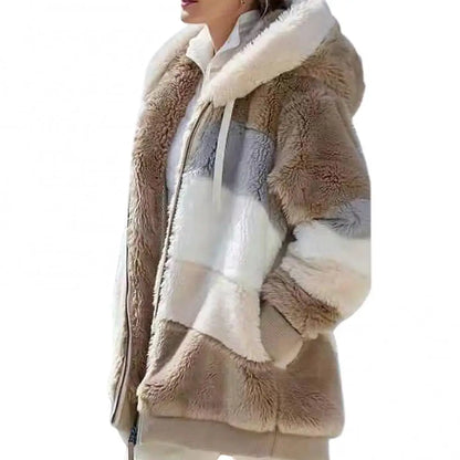 Women's Fleece Parka - Autumn and Winter Long Sleeve Color Block Hooded Jacket with Zipper