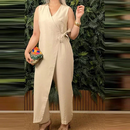 Women's Elegant V-Neck Cross Strap Jumpsuit - Casual Loose Romper with Lace-Up Sleeveless Design for Office and Streetwear