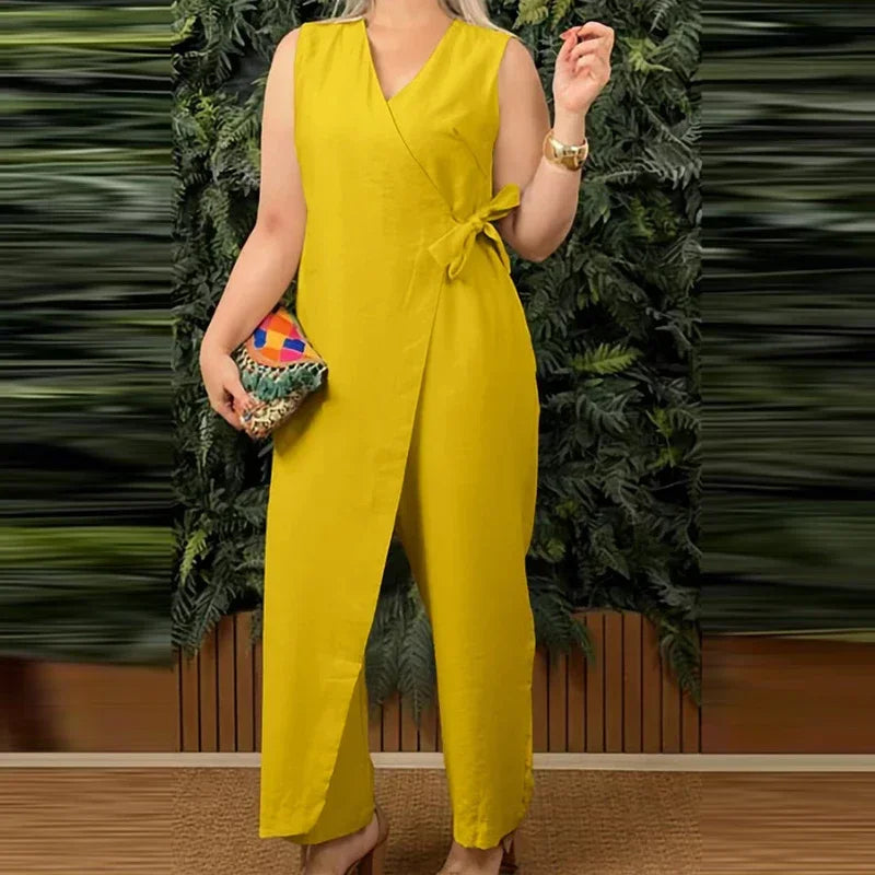 Women's Elegant V-Neck Cross Strap Jumpsuit - Casual Loose Romper with Lace-Up Sleeveless Design for Office and Streetwear