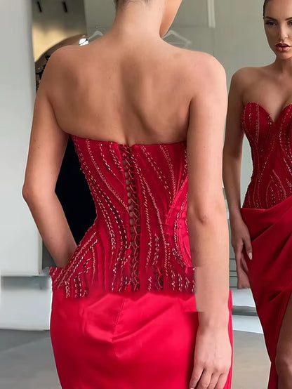 Customized Red Strapless Evening Dresses Luxury Sexy Beading Sleeveless Ball Gown Elegant Party Dress Robes De Soirée Retro