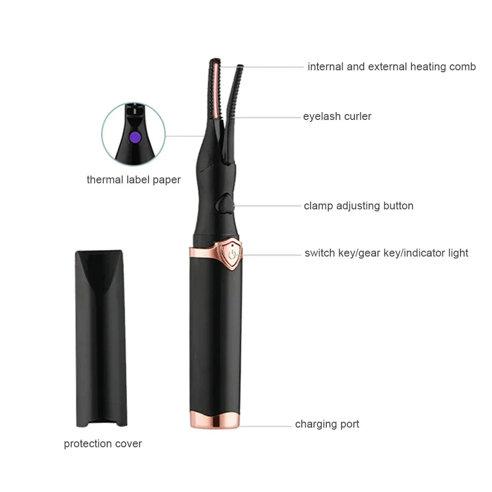 Portable 2-in-1 Heated Eyelash Curler with Long-Lasting Curling Comb Clip, USB Power Supply, and Adjustable 3-Speed Temperature Settings