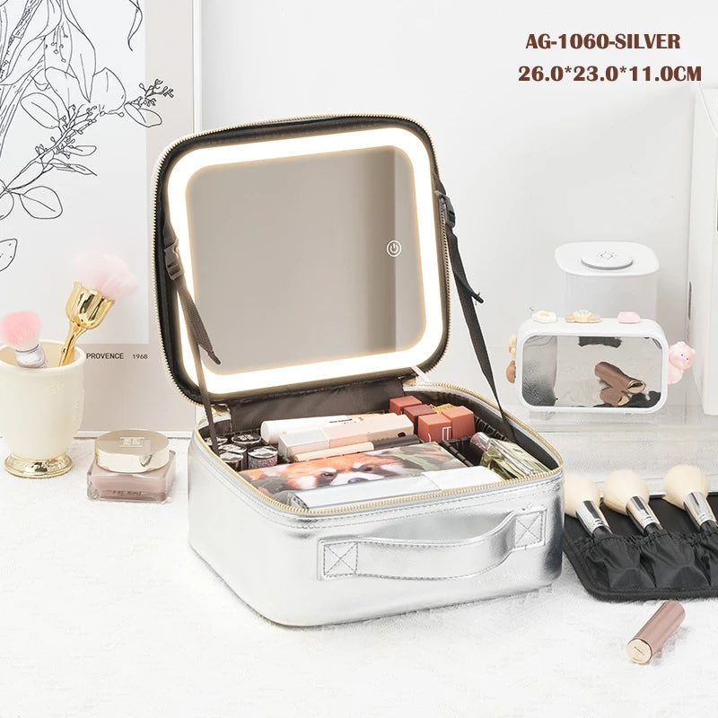 Portable Cosmetic Travel Storage Case with 2000mAh LED Rechargeable Mirror and Makeup Organizer