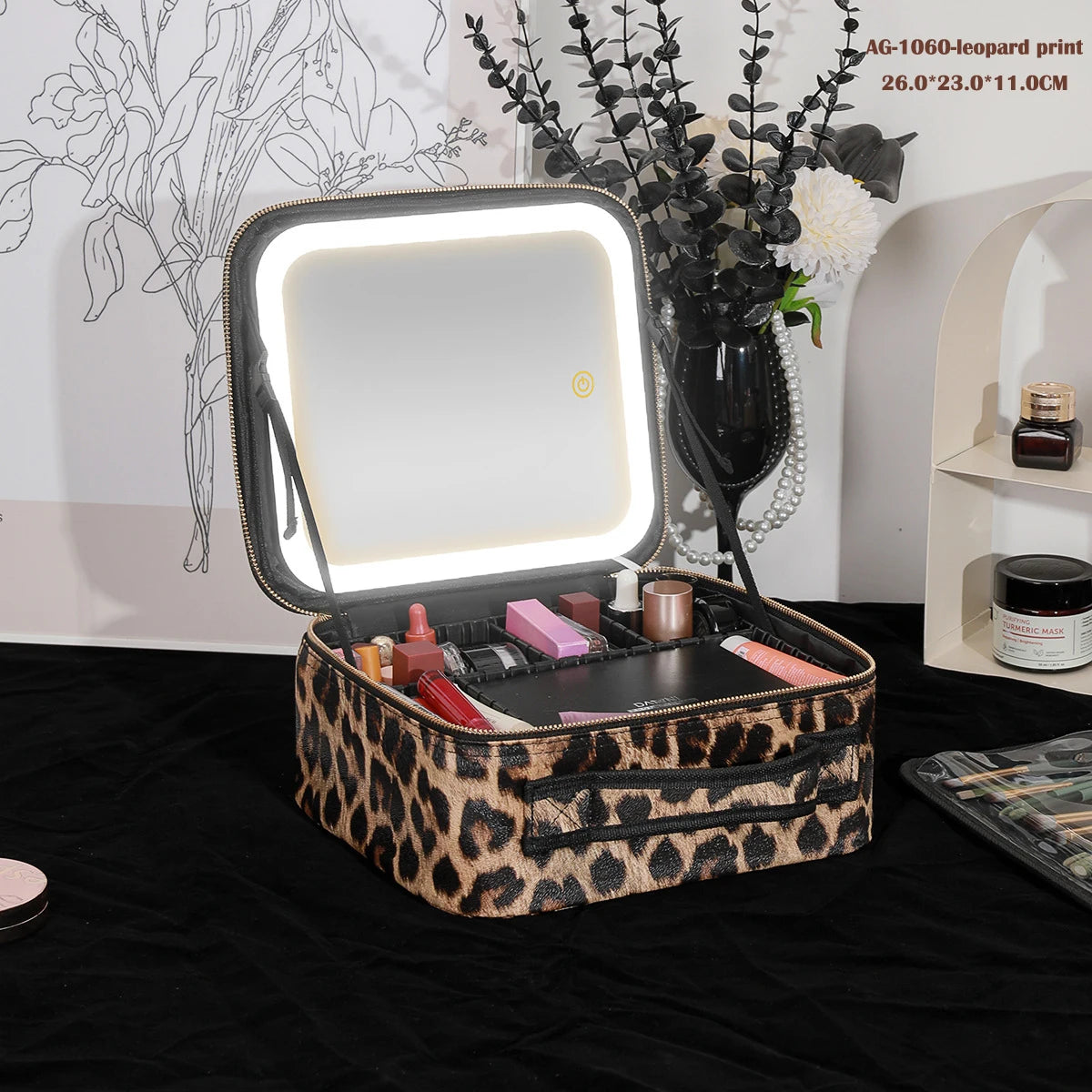 Portable Cosmetic Travel Storage Case with 2000mAh LED Rechargeable Mirror and Makeup Organizer