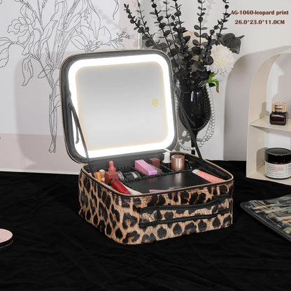 Portable Cosmetic Travel Storage Case with 2000mAh LED Rechargeable Mirror and Makeup Organizer